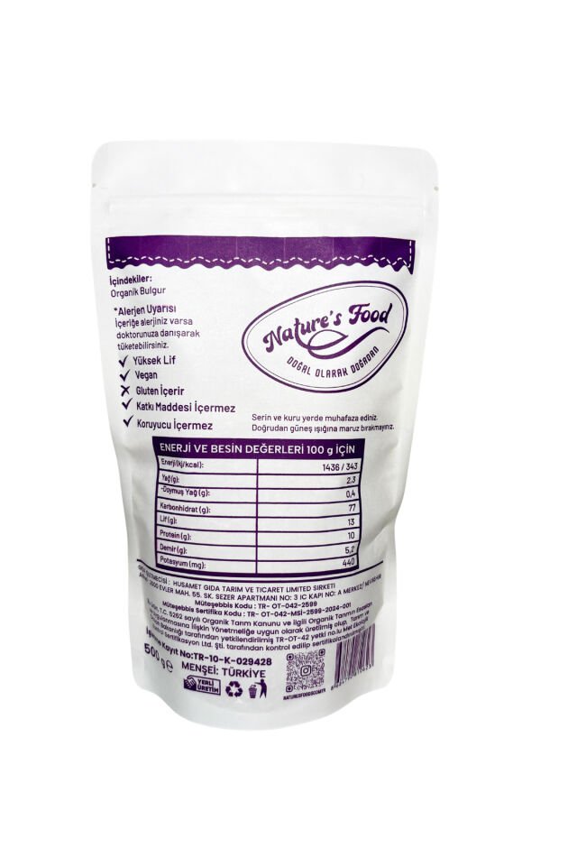 Organik Sertifikalı Bulgur 500gr Pestisit Analizli Organik Sertifikalı