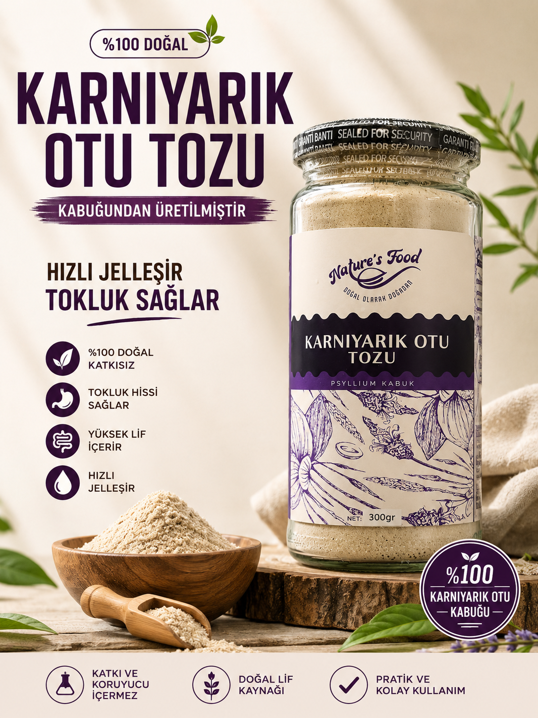 Karnıyarık Otu Tozu 300 Gr %100 Psyllium Kabuk Yüksek Lif Hızlı Jelleşen Tokluk Destekleyici