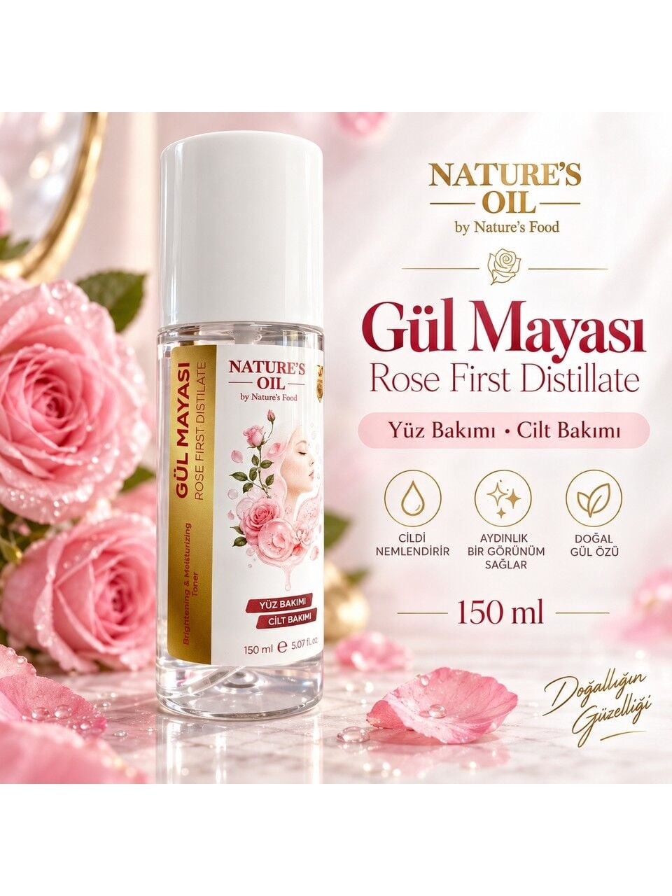 Nature’s Oil Gül Mayası 150 ml – Rose First Distillate Yüz Bakım Suyu – Sprey Form Cilt Bakımı ve Ferahlatıcı Tonik