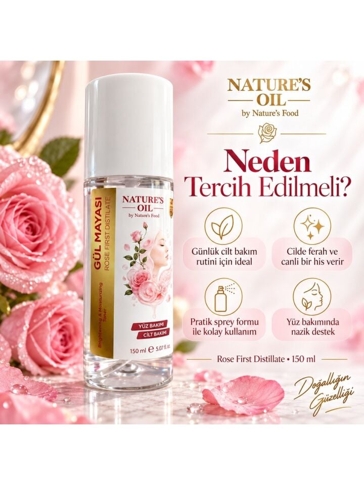 Nature’s Oil Gül Mayası 150 ml – Rose First Distillate Yüz Bakım Suyu – Sprey Form Cilt Bakımı ve Ferahlatıcı Tonik