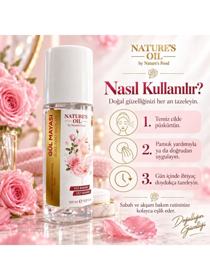 Nature’s Oil Gül Mayası 150 ml – Rose First Distillate Yüz Bakım Suyu – Sprey Form Cilt Bakımı ve Ferahlatıcı Tonik