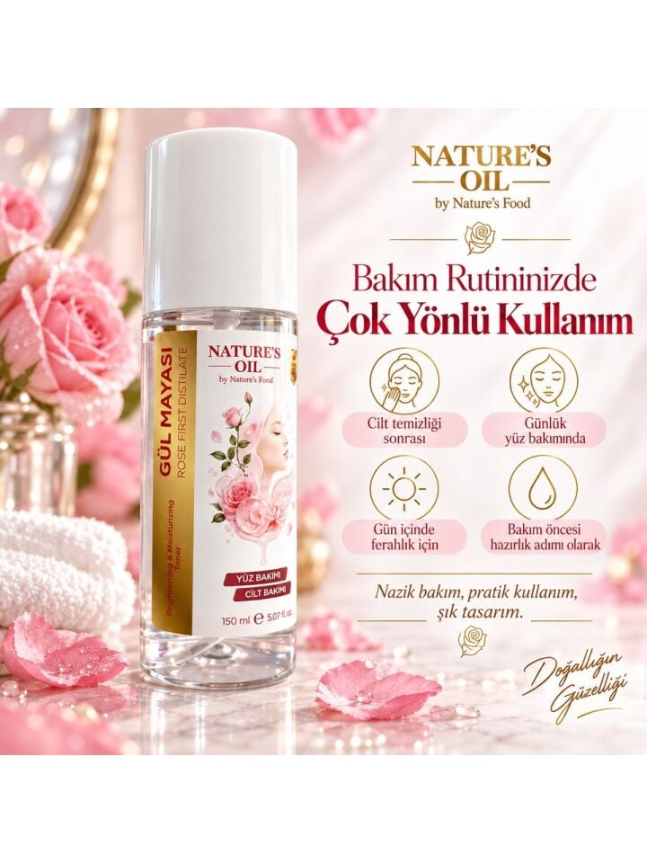 Nature’s Oil Gül Mayası 150 ml – Rose First Distillate Yüz Bakım Suyu – Sprey Form Cilt Bakımı ve Ferahlatıcı Tonik