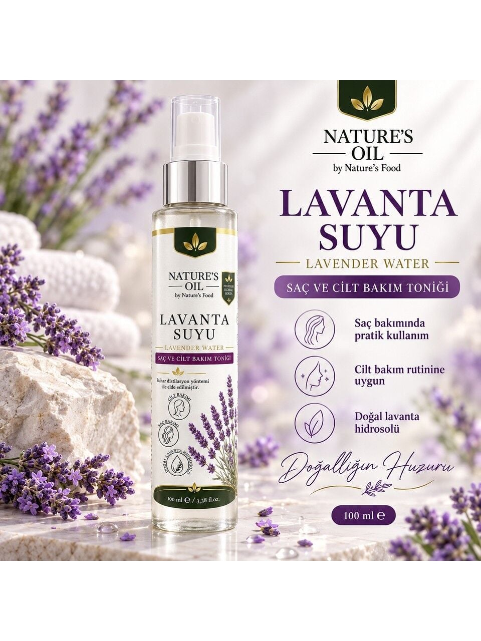 Nature’s Oil Lavanta Suyu 100 ml %100 Doğal Lavanta Hidrosolü – Saç ve Cilt Bakım Toniği, Sprey Lavender Water