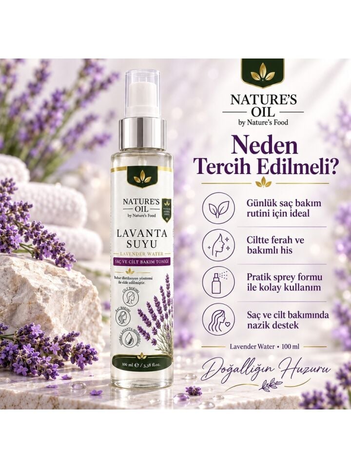 Nature’s Oil Lavanta Suyu 100 ml %100 Doğal Lavanta Hidrosolü – Saç ve Cilt Bakım Toniği, Sprey Lavender Water