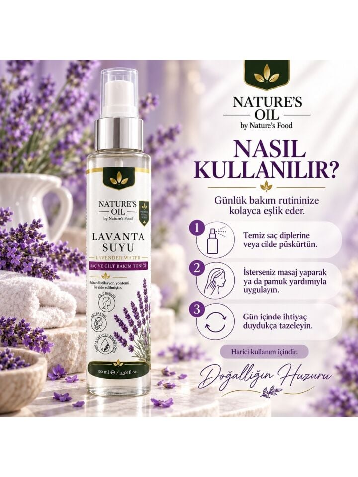Nature’s Oil Lavanta Suyu 100 ml %100 Doğal Lavanta Hidrosolü – Saç ve Cilt Bakım Toniği, Sprey Lavender Water