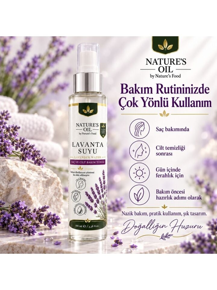 Nature’s Oil Lavanta Suyu 100 ml %100 Doğal Lavanta Hidrosolü – Saç ve Cilt Bakım Toniği, Sprey Lavender Water