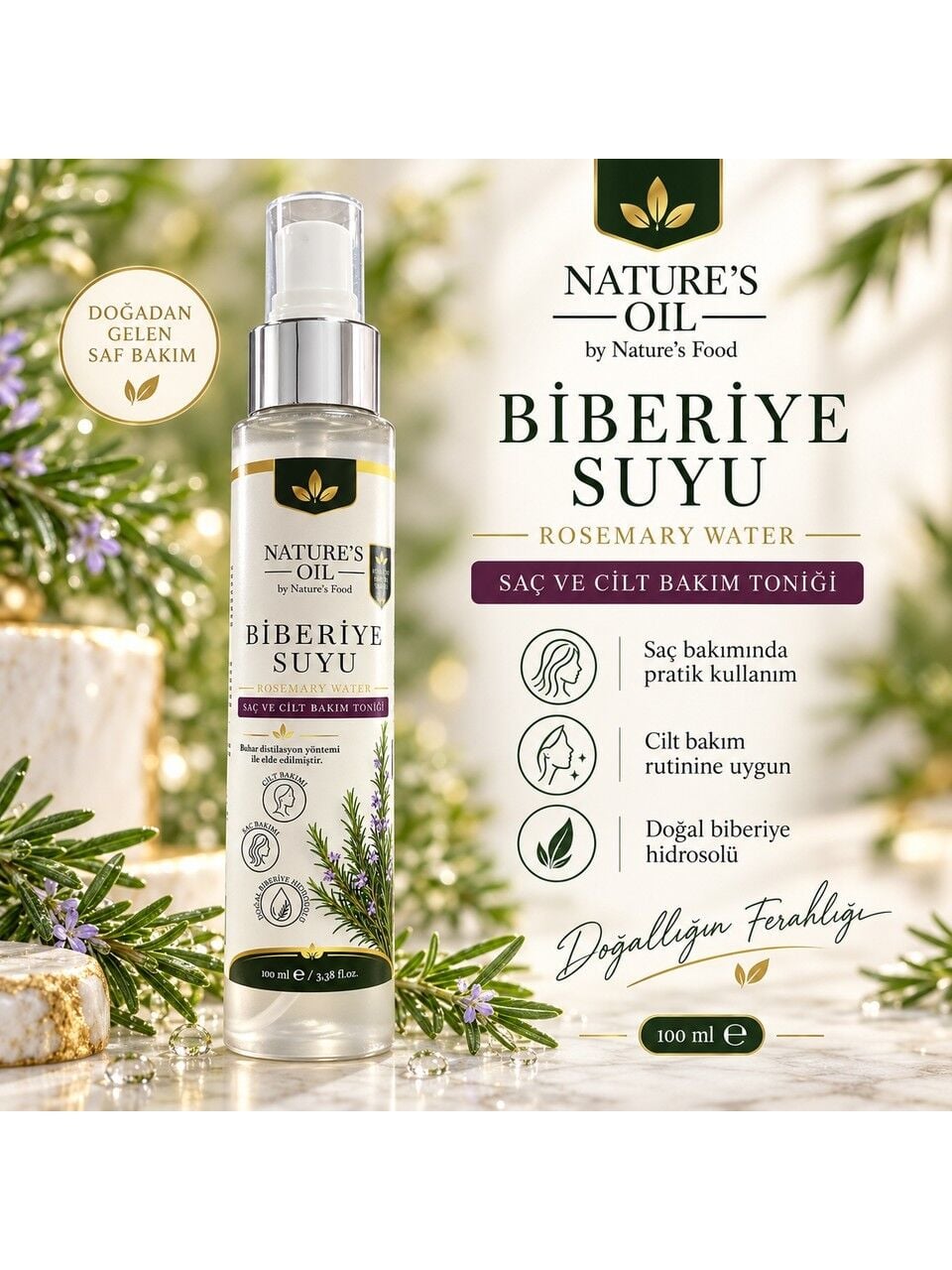 Nature's Oil Biberiye Suyu 100 ml %100 Doğal Biberiye Hidrosolü – Saç ve Cilt Bakım Toniği, Sprey Rosemary Water