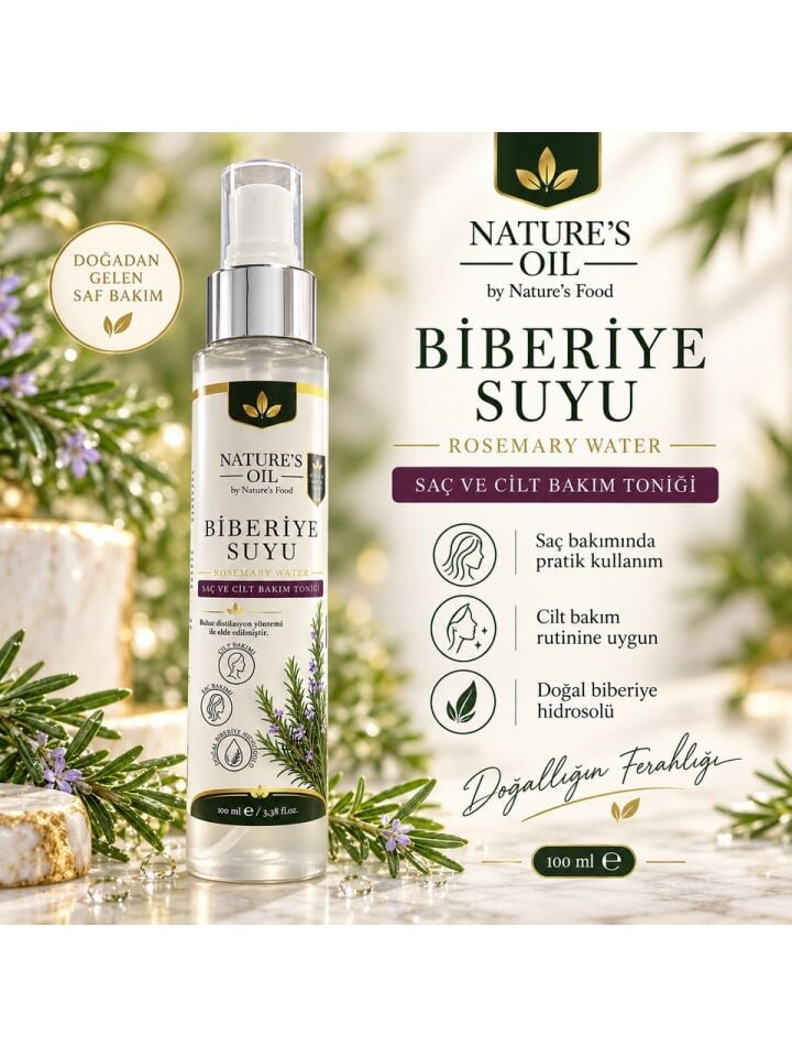 Nature's Oil Biberiye Suyu 100 ml %100 Doğal Biberiye Hidrosolü – Saç ve Cilt Bakım Toniği, Sprey Rosemary Water