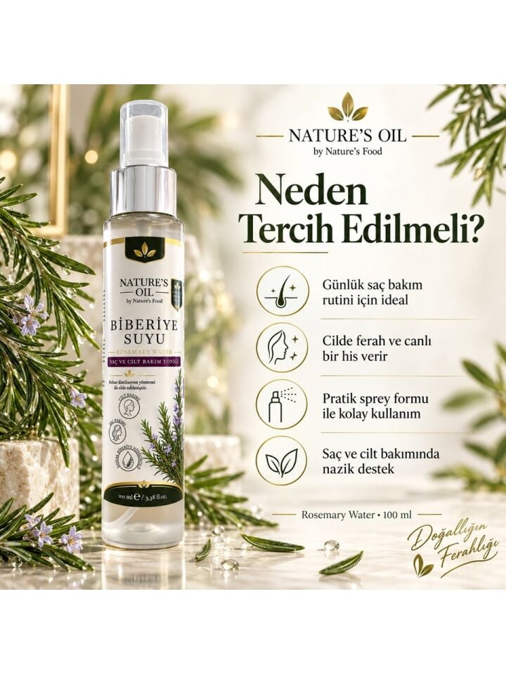 Nature's Oil Biberiye Suyu 100 ml %100 Doğal Biberiye Hidrosolü – Saç ve Cilt Bakım Toniği, Sprey Rosemary Water