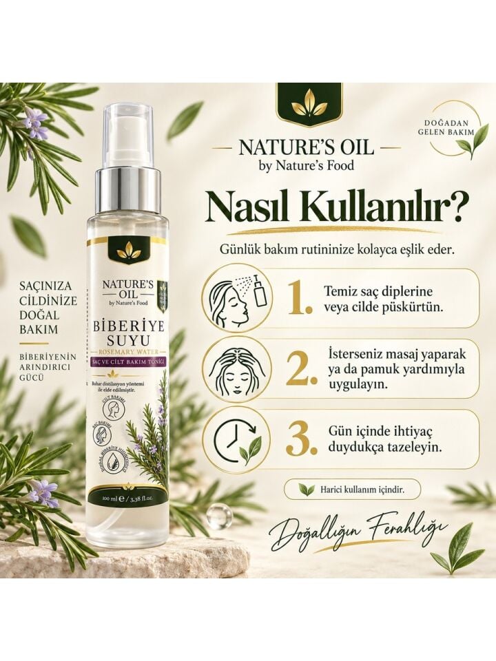 Nature's Oil Biberiye Suyu 100 ml %100 Doğal Biberiye Hidrosolü – Saç ve Cilt Bakım Toniği, Sprey Rosemary Water