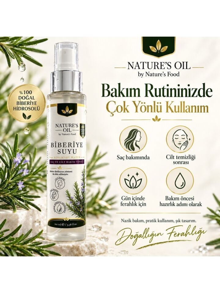 Nature's Oil Biberiye Suyu 100 ml %100 Doğal Biberiye Hidrosolü – Saç ve Cilt Bakım Toniği, Sprey Rosemary Water