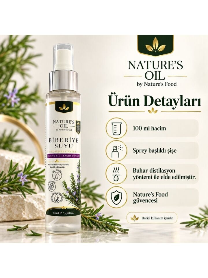Nature's Oil Biberiye Suyu 100 ml %100 Doğal Biberiye Hidrosolü – Saç ve Cilt Bakım Toniği, Sprey Rosemary Water