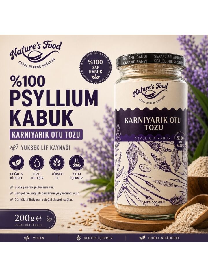 Nature's Food %100 Psyllium Kabuk Tozu 200 G | Karnıyarık Otu Kabuğu | Yüksek Lif