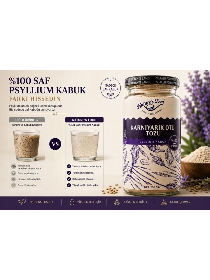 Nature's Food %100 Psyllium Kabuk Tozu 200 G | Karnıyarık Otu Kabuğu | Yüksek Lif