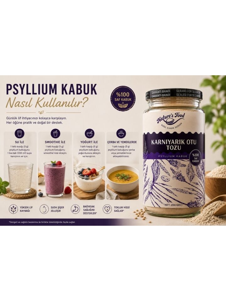 Nature's Food %100 Psyllium Kabuk Tozu 200 G | Karnıyarık Otu Kabuğu | Yüksek Lif