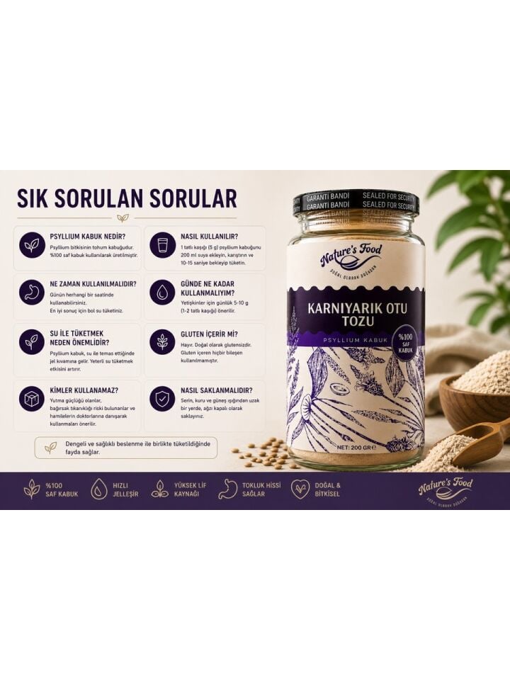Nature's Food %100 Psyllium Kabuk Tozu 200 G | Karnıyarık Otu Kabuğu | Yüksek Lif